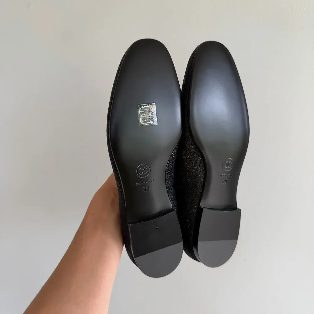 Chanel Interlocking CC Logo Glitter Slip On Loafer Flats Black 9 NEW